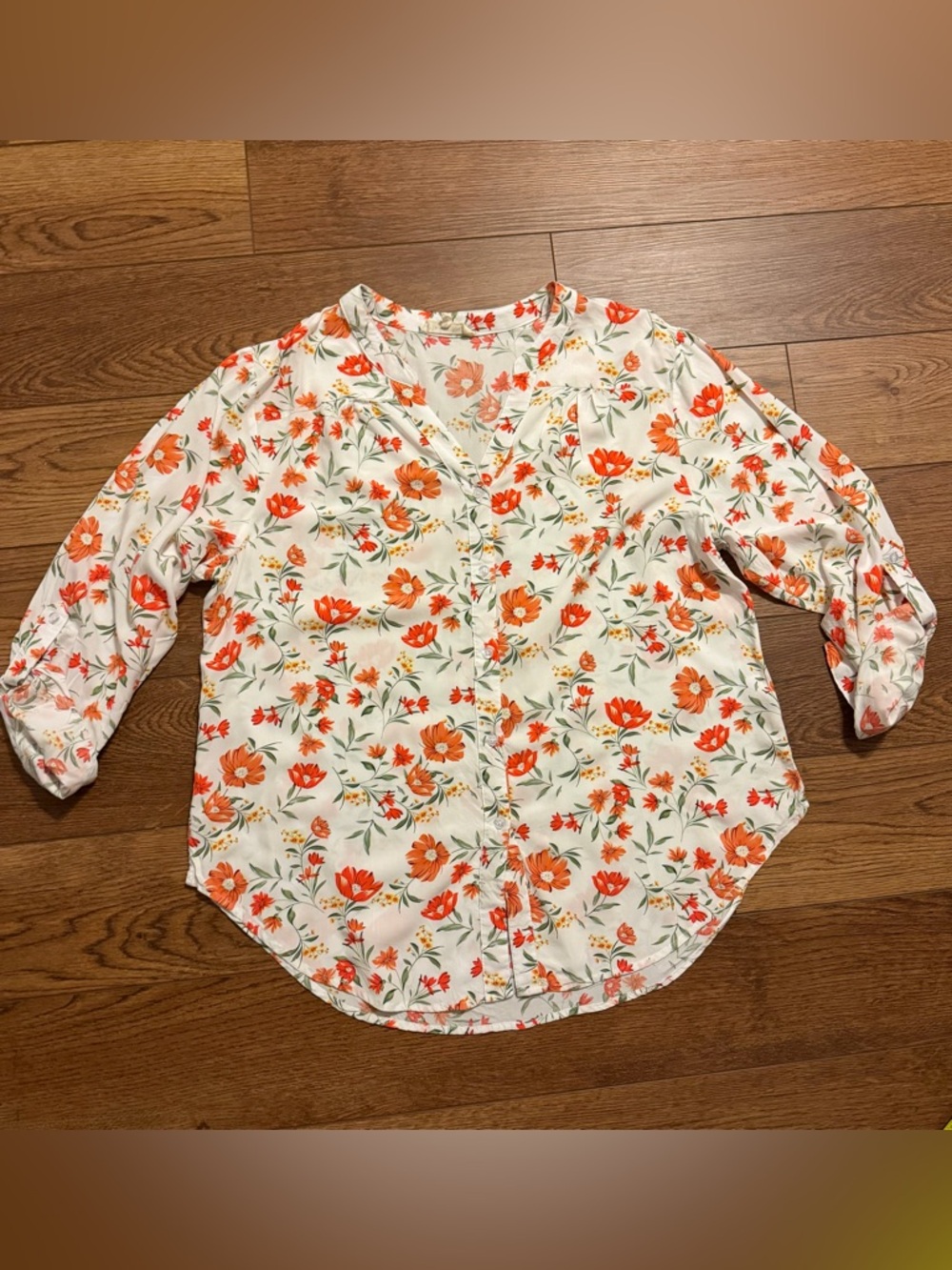 White Floral Button-Up Blouse with Vibrant Orange Flowers and Roll‎ Up Sleeves